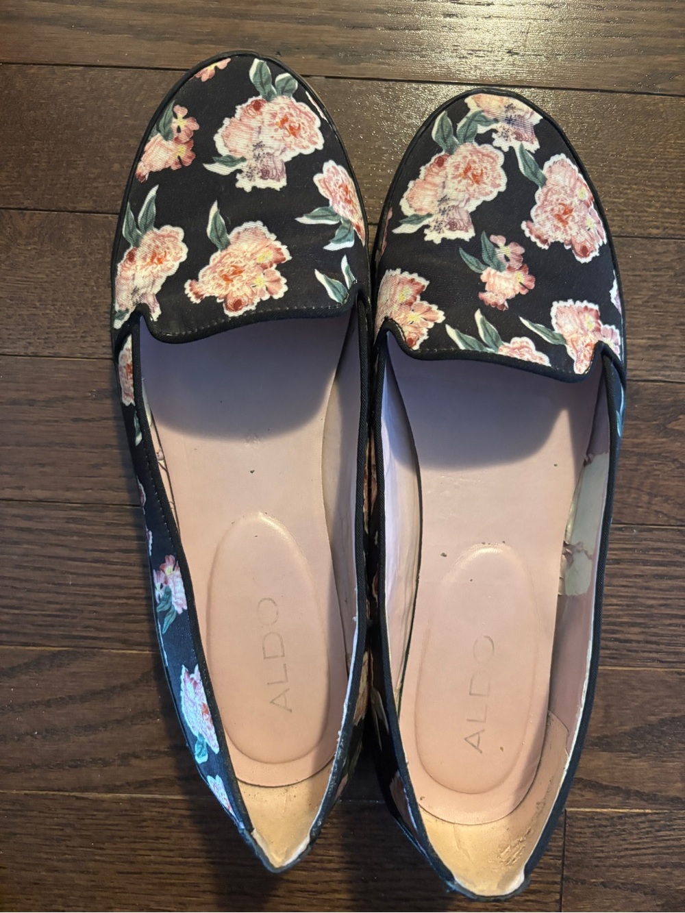 Aldo Black Floral Slip-On Loafers with Pink Accents